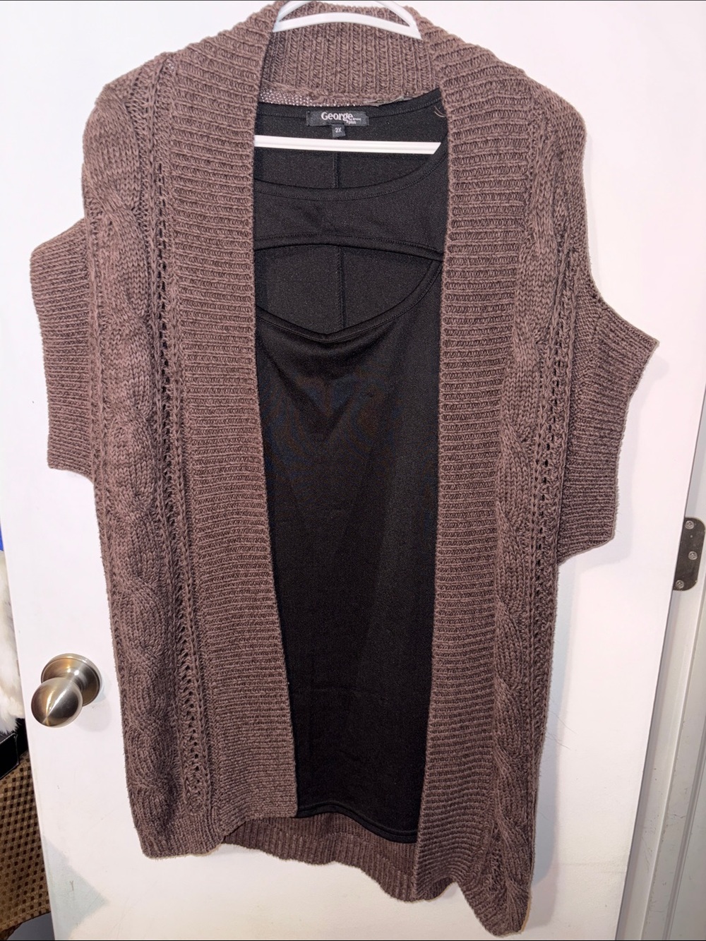 2XL 100% Cotton Brown Cable-Knit Open-Front Sleeveless Cardigan Vest